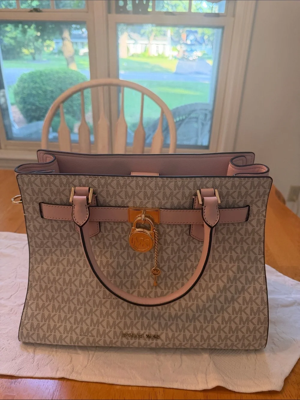 Michael Kors Beige MK Logo Satchel with Pink Trim and Gold Hardware
